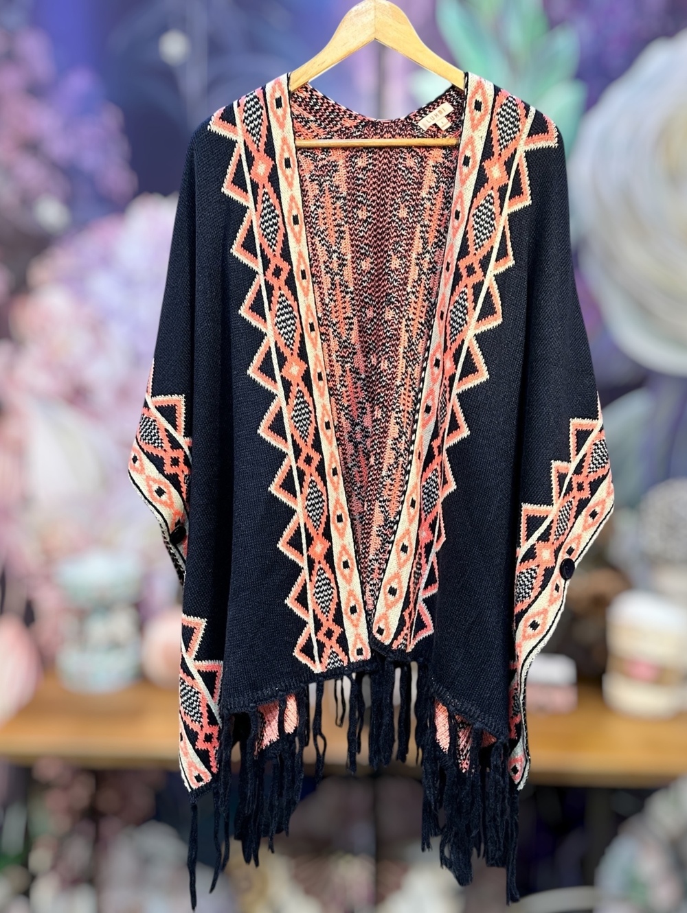 100% Cotton L Navy Geometric Tribal Knit Poncho Cardigan Fringe Boho Open Front